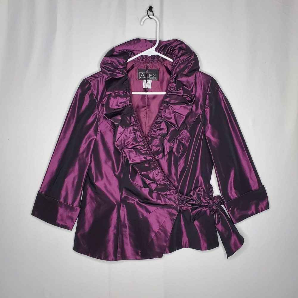 Alex Evenings Purple Jacket Women Medium 3/4 Ruffle Witchy Romantic Avant-garde‎